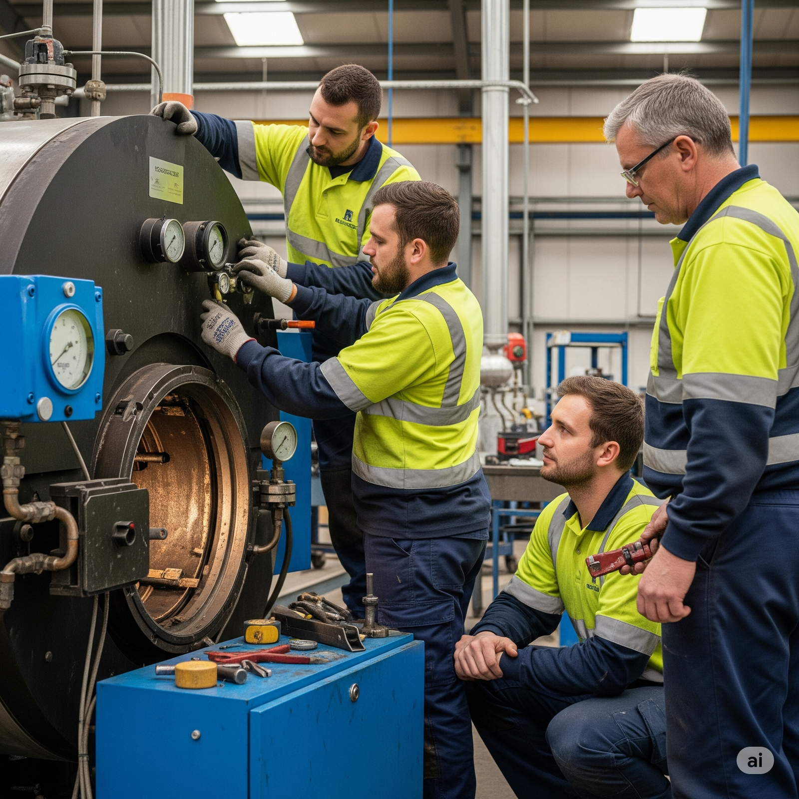 A group of skilled engineers works diligently on a traditional Sudbury boiler in a bustling industrial setting.