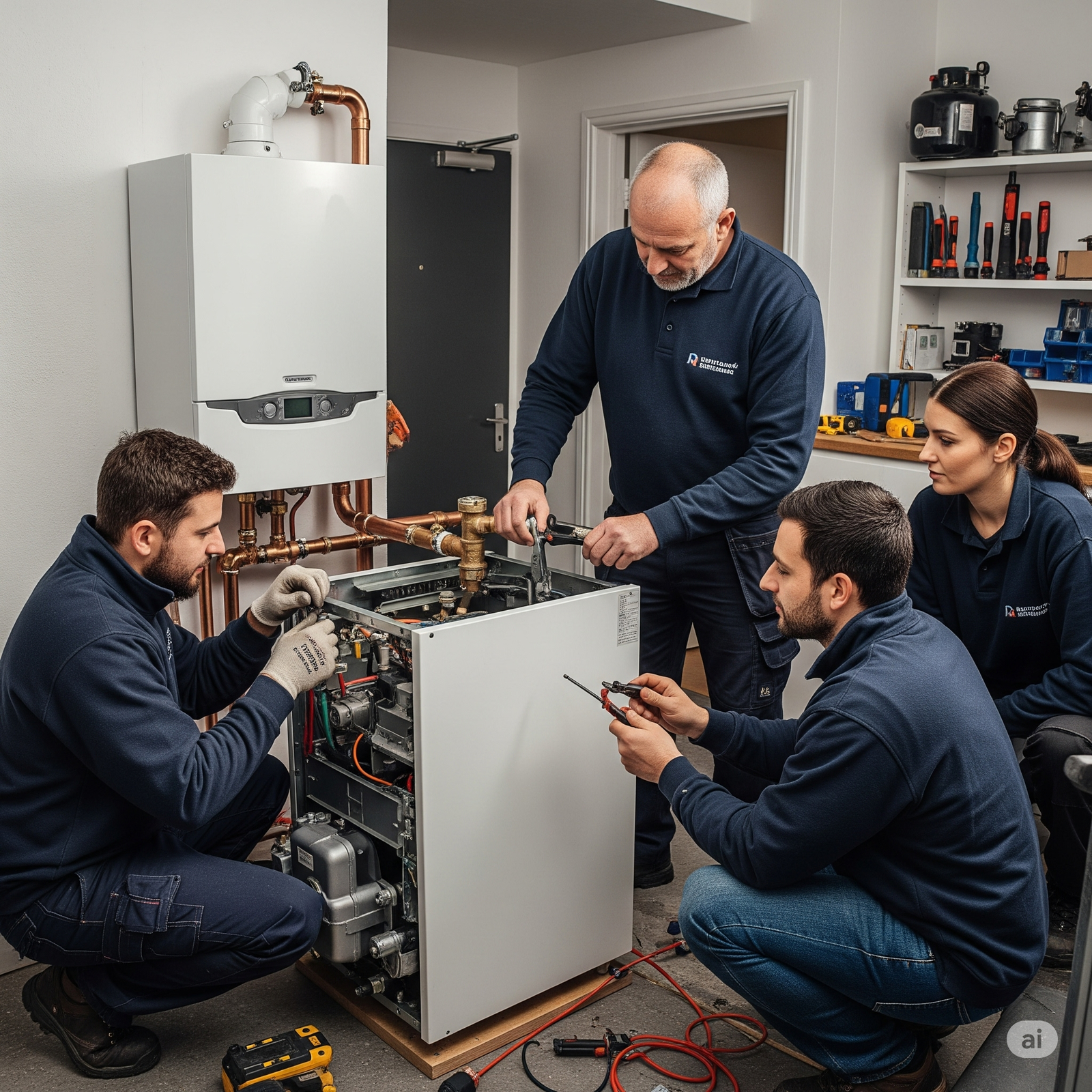 A team of British boiler technicians installs a new boiler in a Sudbury residential property, focusing on the technical aspects of the work.