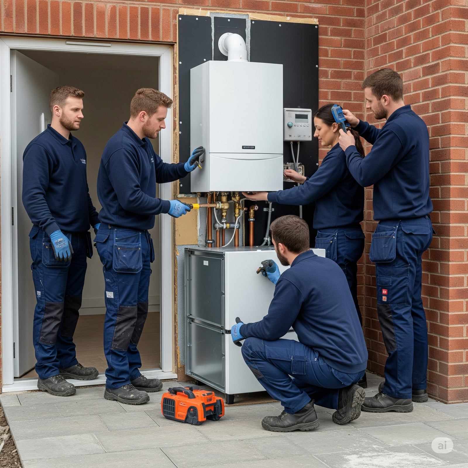 A team of dedicated individuals installs a modern high-efficiency boiler in a Sudbury suffolk residential home, showcasing professionalism and competence.