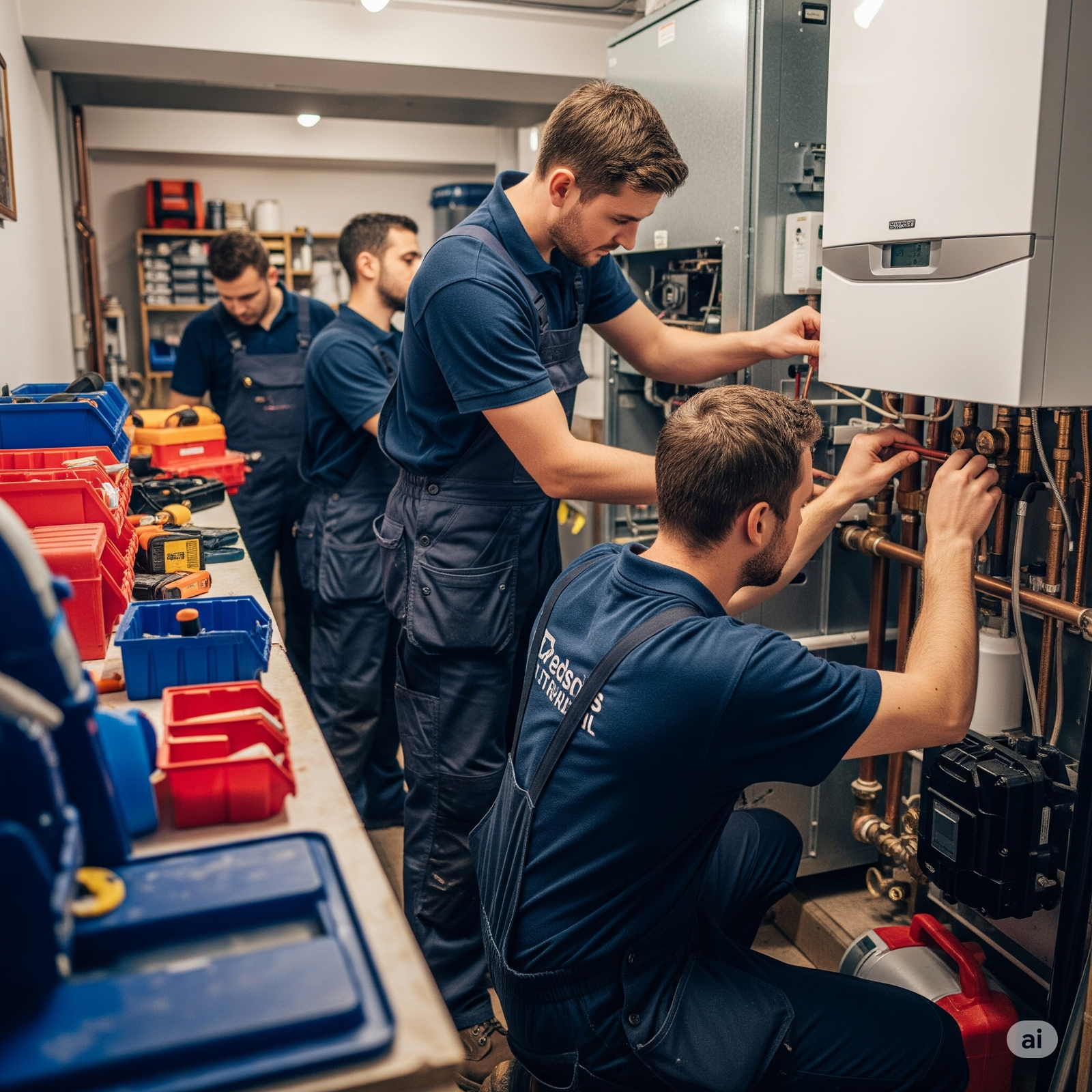 A team of engineers, including a female boiler technician, installs a new boiler in a Sudbury housing estate.