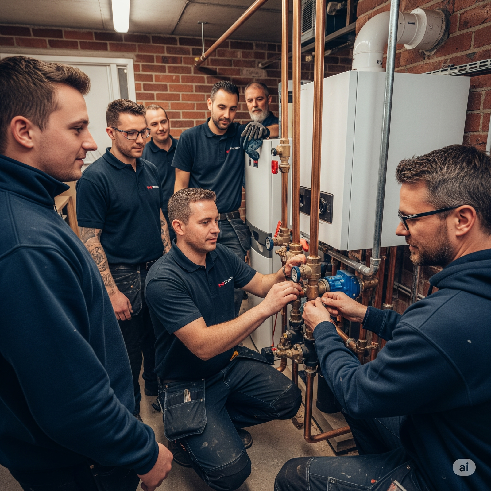 A team of skilled engineers collaborates on the servicing of a large, traditional boiler in a British power plant or industrial facility.
