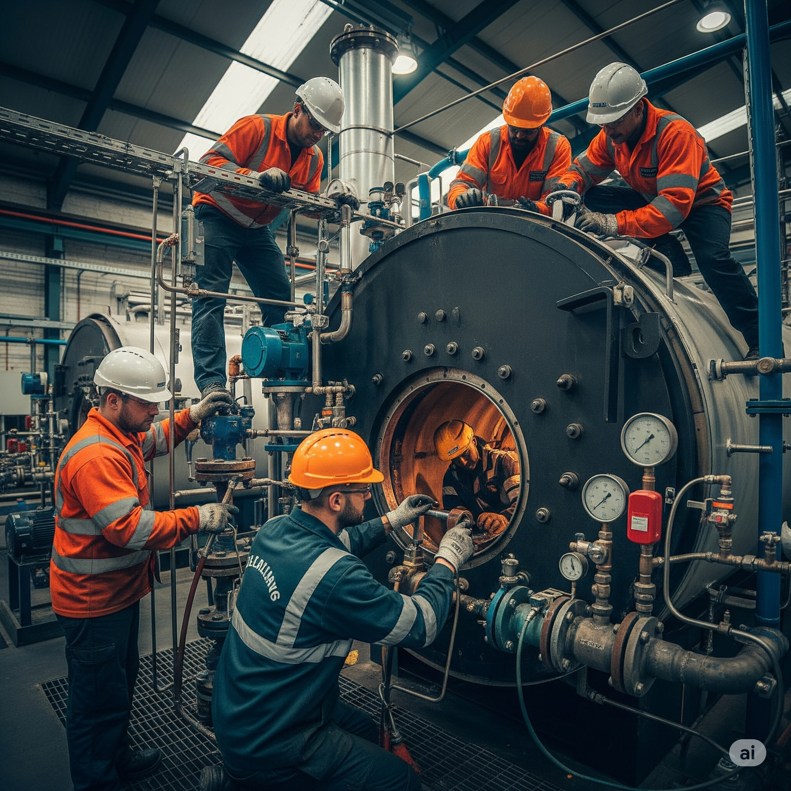 A team of three technicians collaboratively installs a new boiler in a Sudbury household, connecting pipes and wires with precision and expertise.