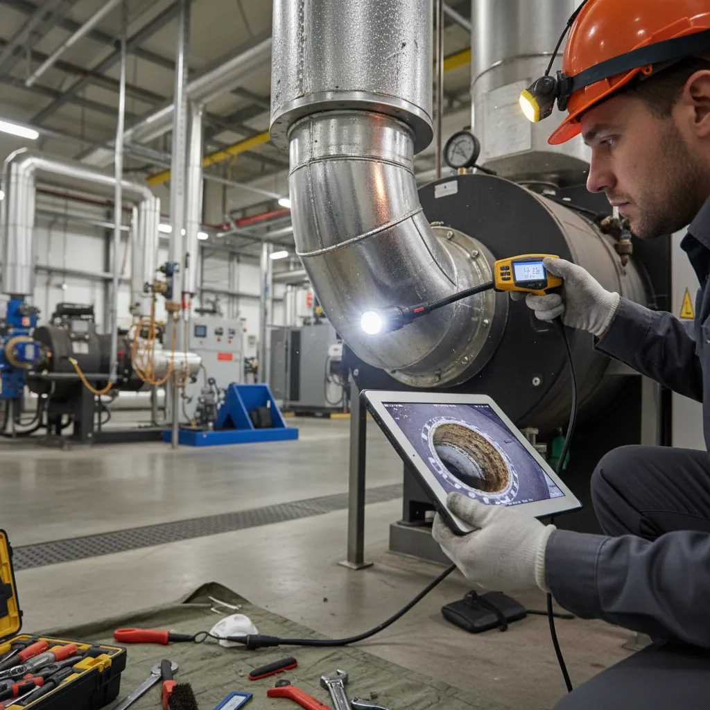 Gas Safe engineer inspecting a boiler flue for safety