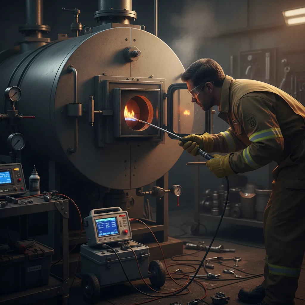 Technician performing gas combustion test on a boiler