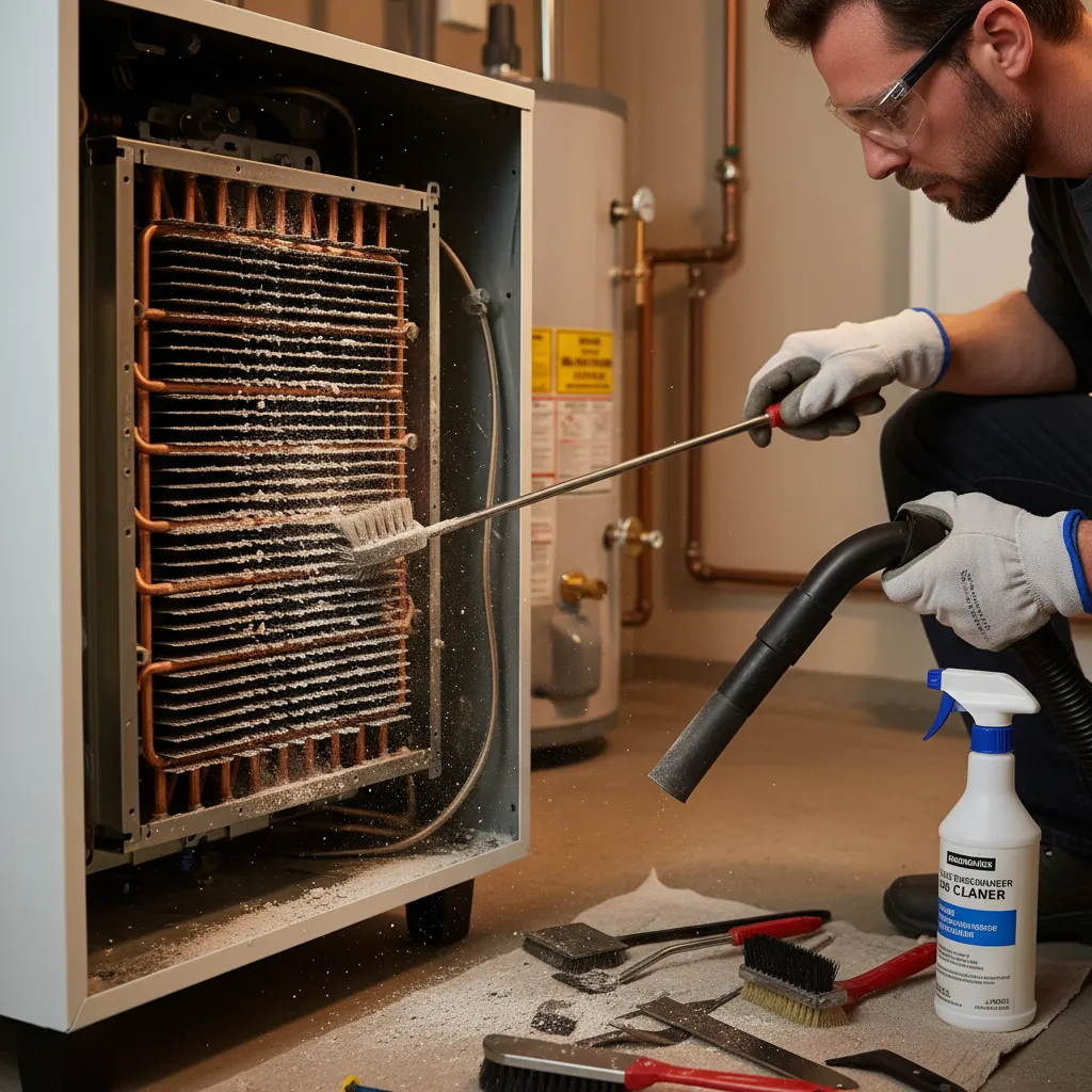 Engineer cleaning a boiler heat exchanger during a service