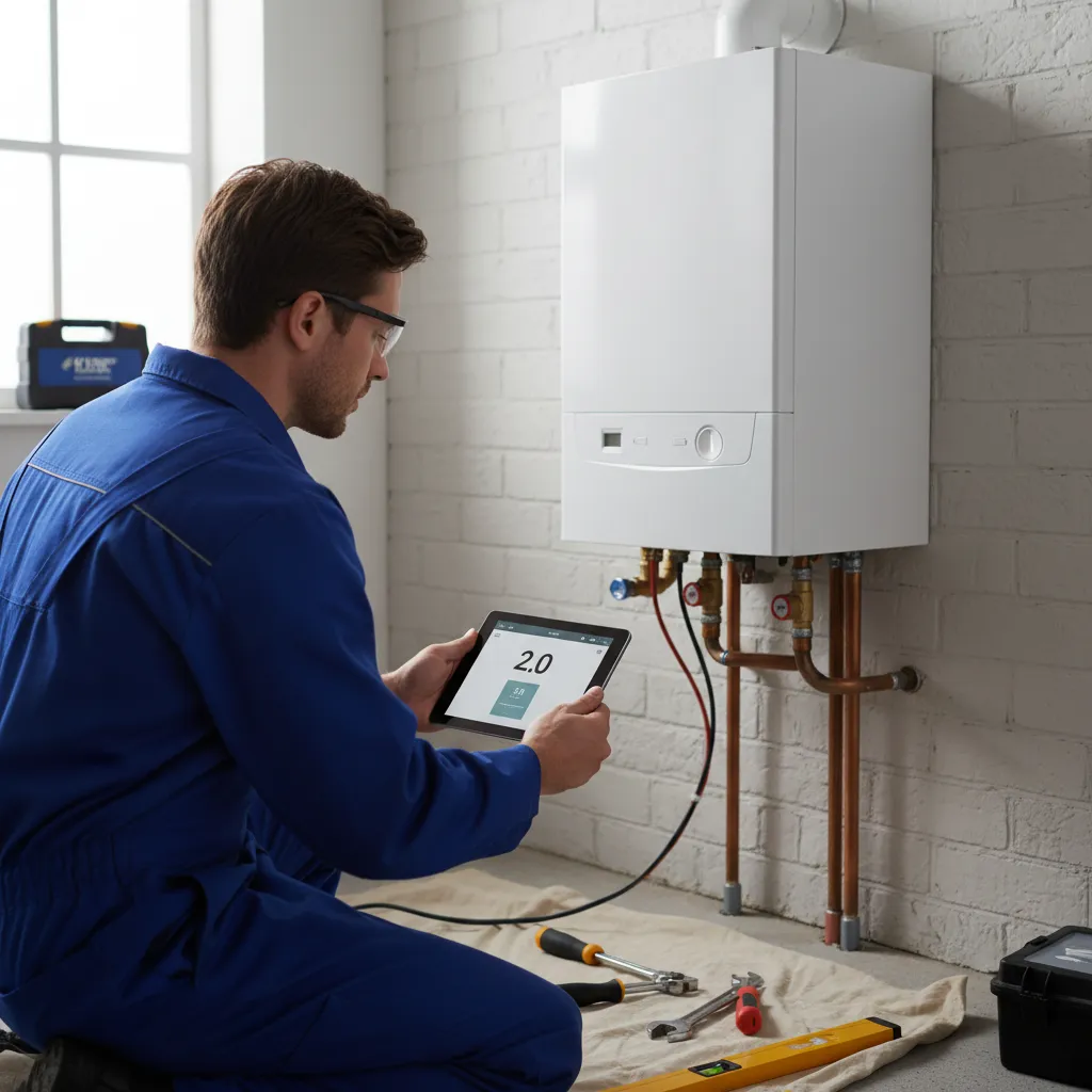 Engineer checking digital pressure gauge after boiler installation