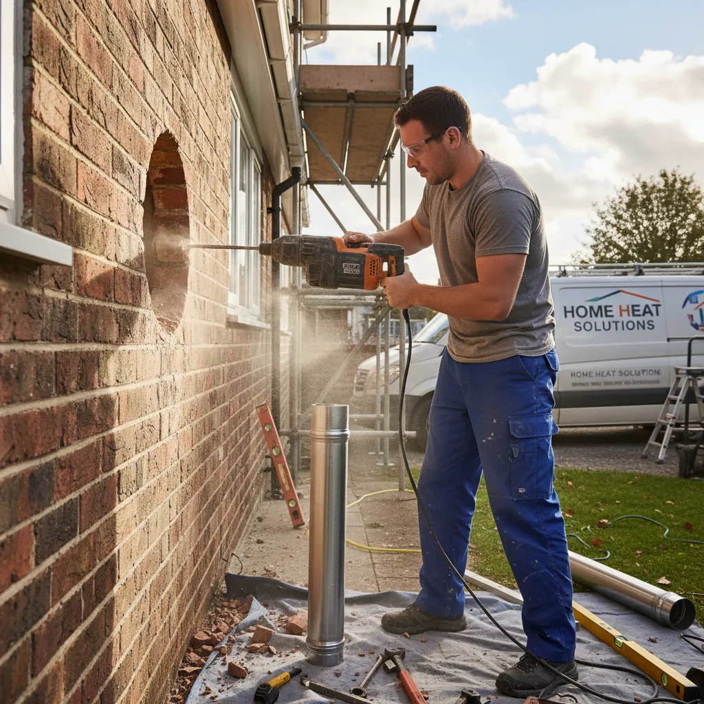Boiler installer drilling a brick wall for a new flue