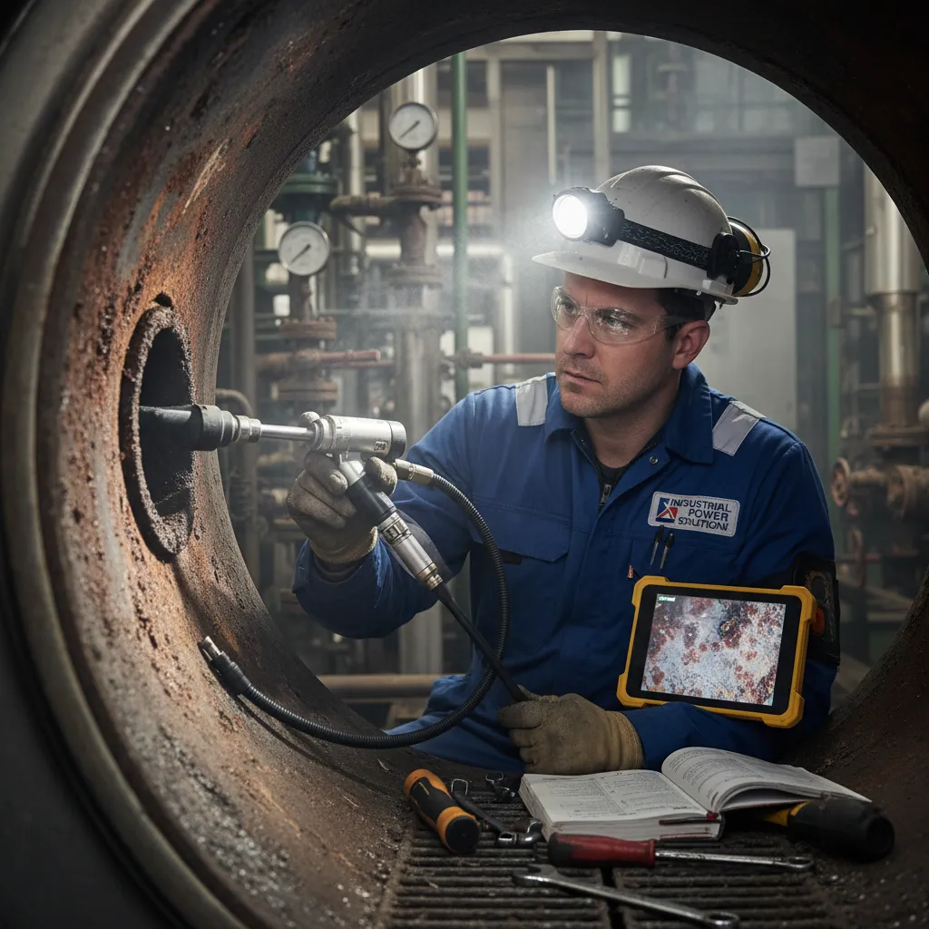 Engineer inspecting boiler for corrosion and safety