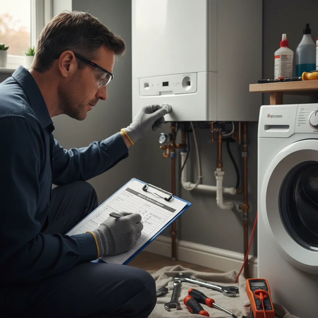Engineer presenting boiler service report to homeowner