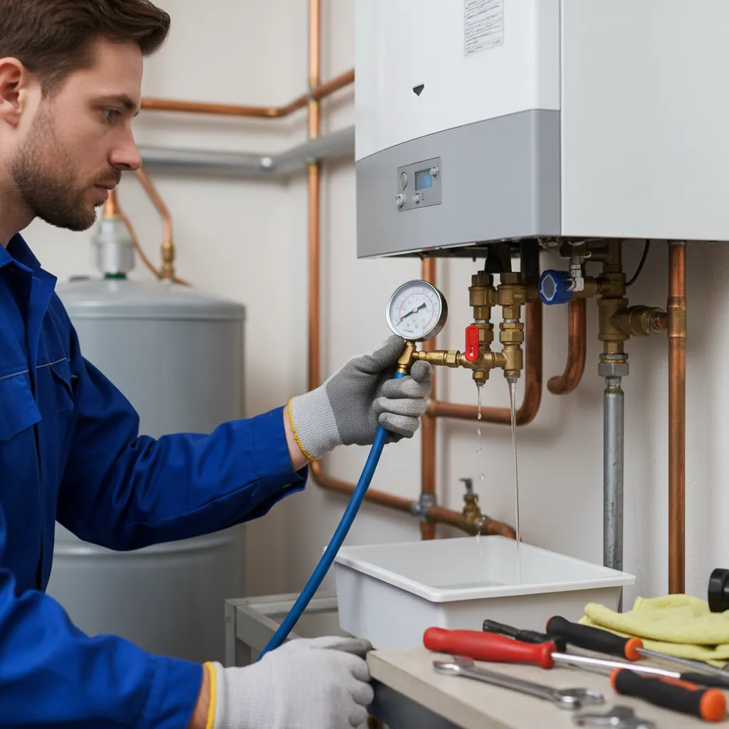 Technician checking water pressure safety valves during boiler servicing