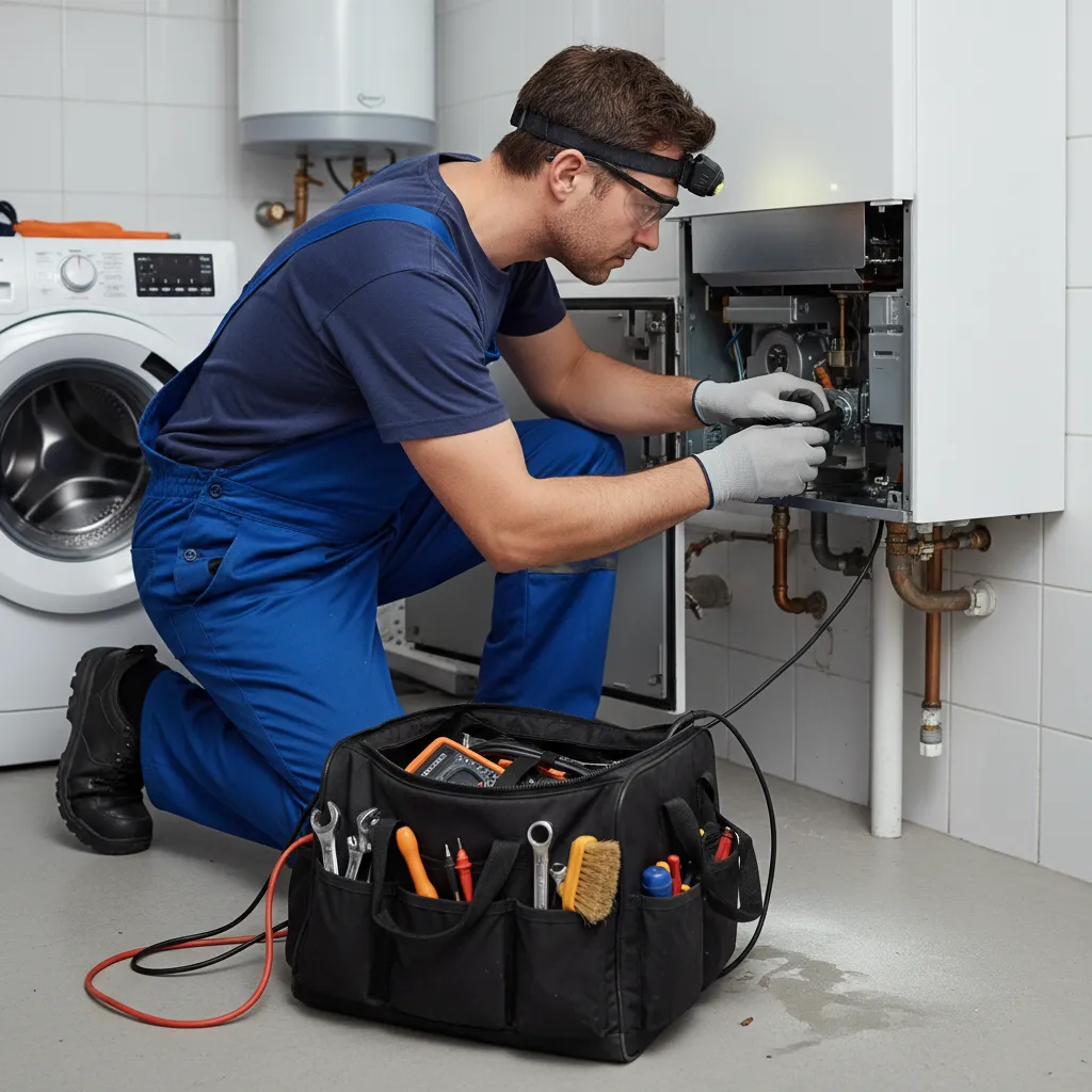 Boiler engineer with toolkit performing service