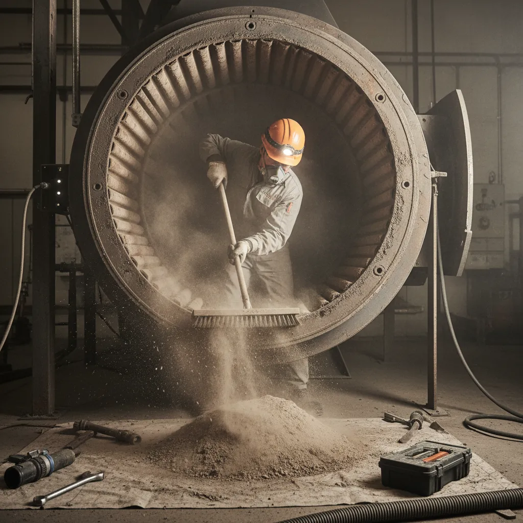 Engineer cleaning dust from inside a boiler