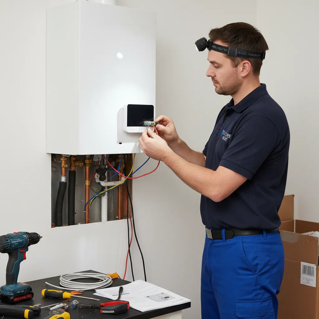 Engineer fitting a smart thermostat with a new boiler