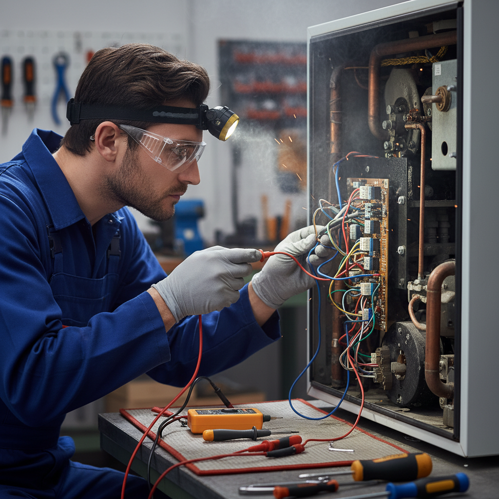 Engineer inspecting boiler wiring