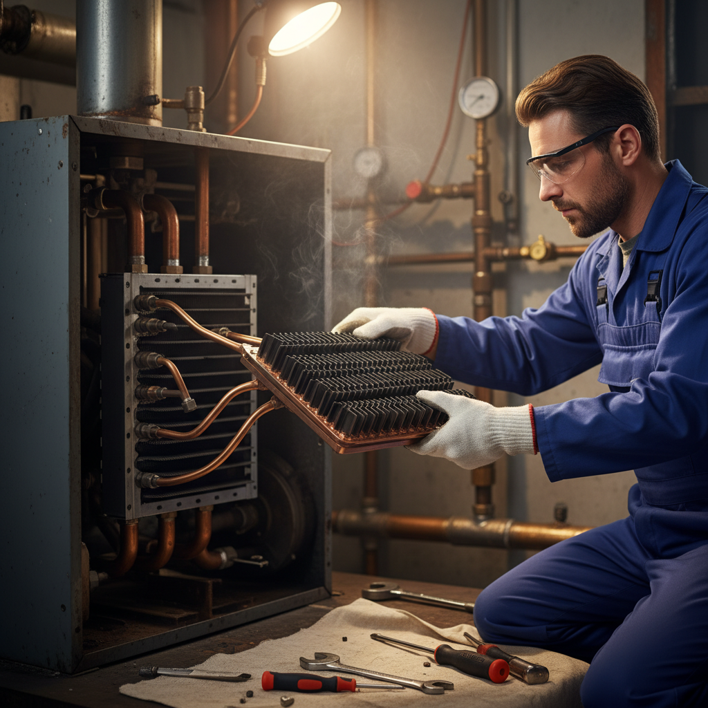 Engineer replacing damaged boiler heat exchanger in Stoke by Clare