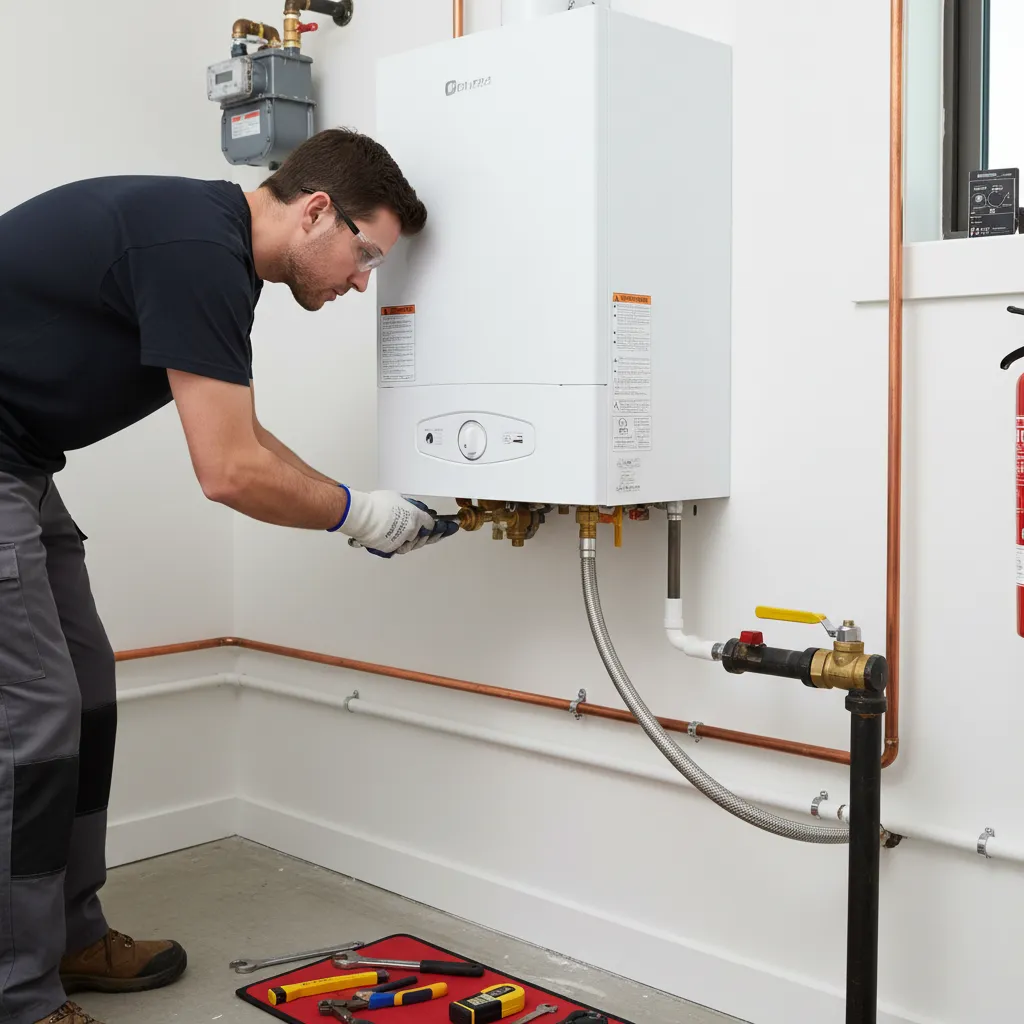 Gas Safe registered engineer performing boiler installation safety check