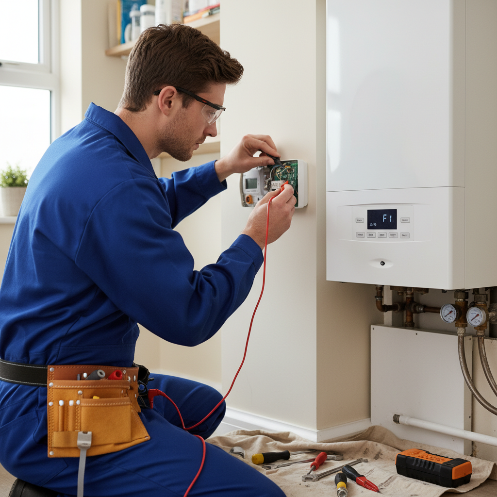 Gas engineer checking boiler thermostat in Bulmer