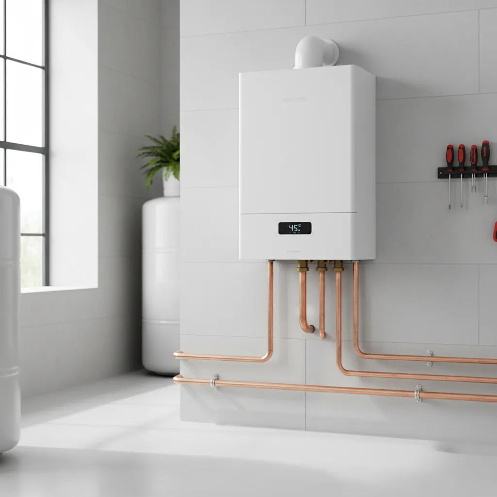Modern boiler installation with neat copper pipes