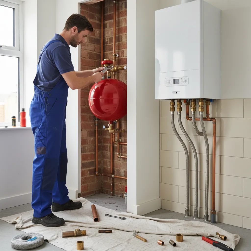 Plumber fitting an expansion vessel during boiler installation