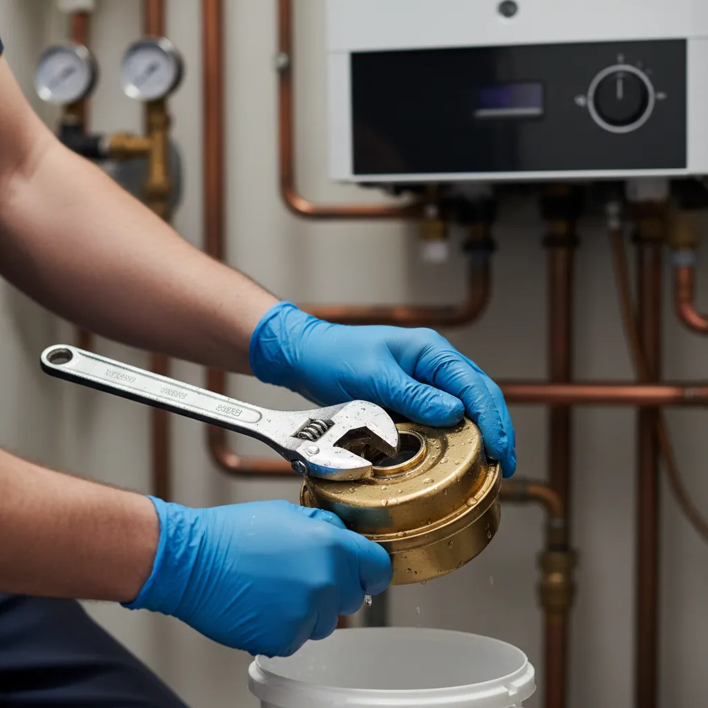 Plumber servicing boiler filter as part of comprehensive service