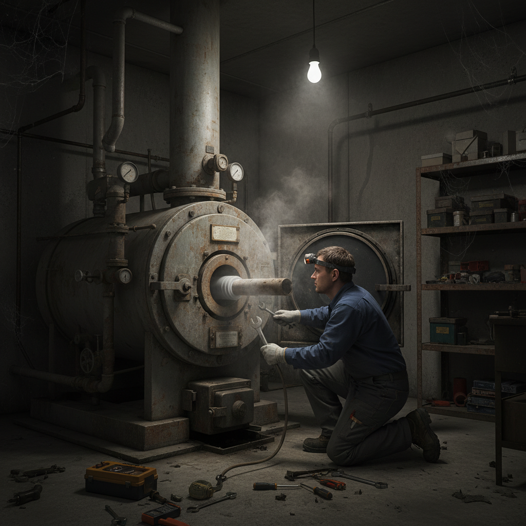 Emergency boiler repair technician inspecting noisy boiler