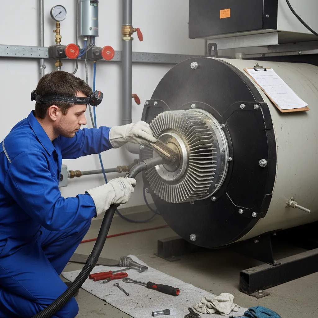 Engineer cleaning boiler burner during service