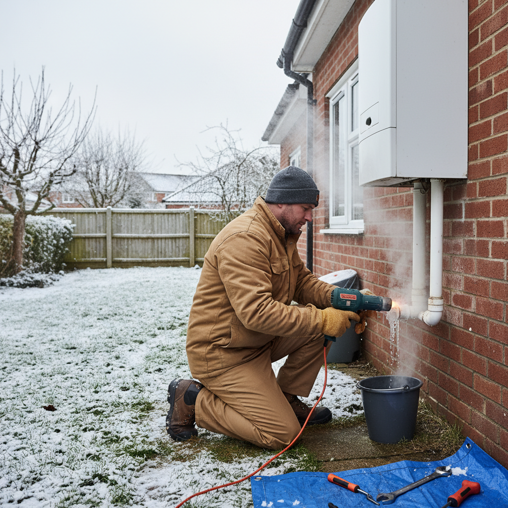 Technician fixing a frozen outdoor boiler condensate pipe in an emergency in Stoke by Clare