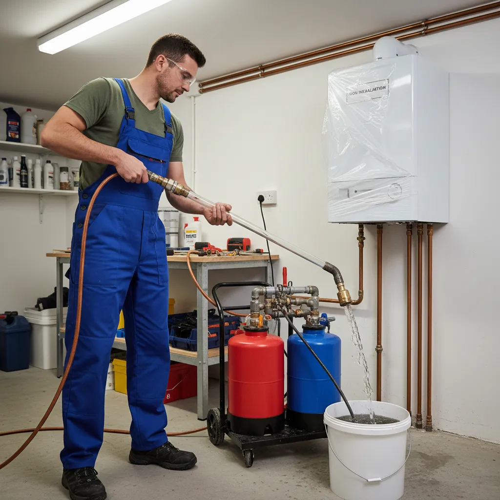 Technician flushing a newly installed boiler