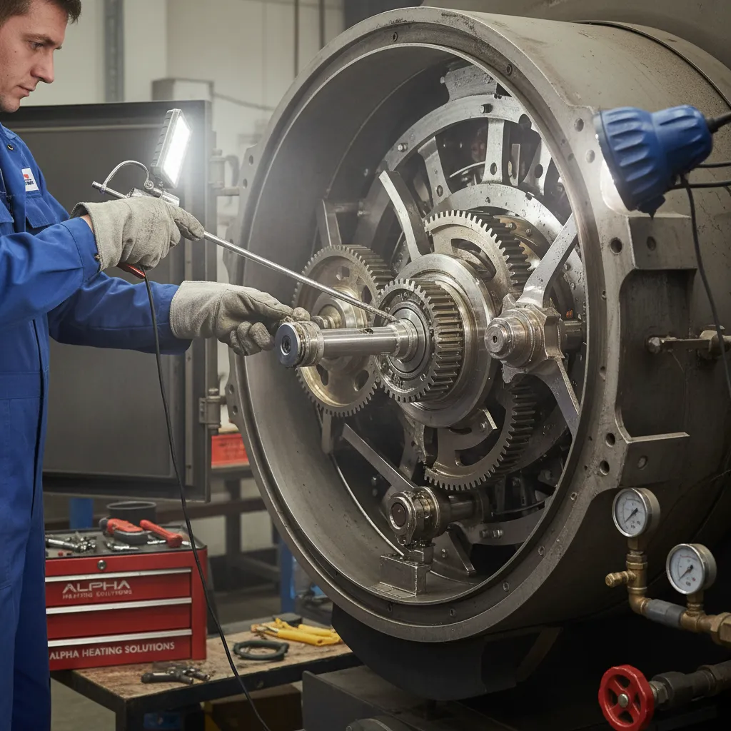 Technician lubricating boiler parts during maintenance