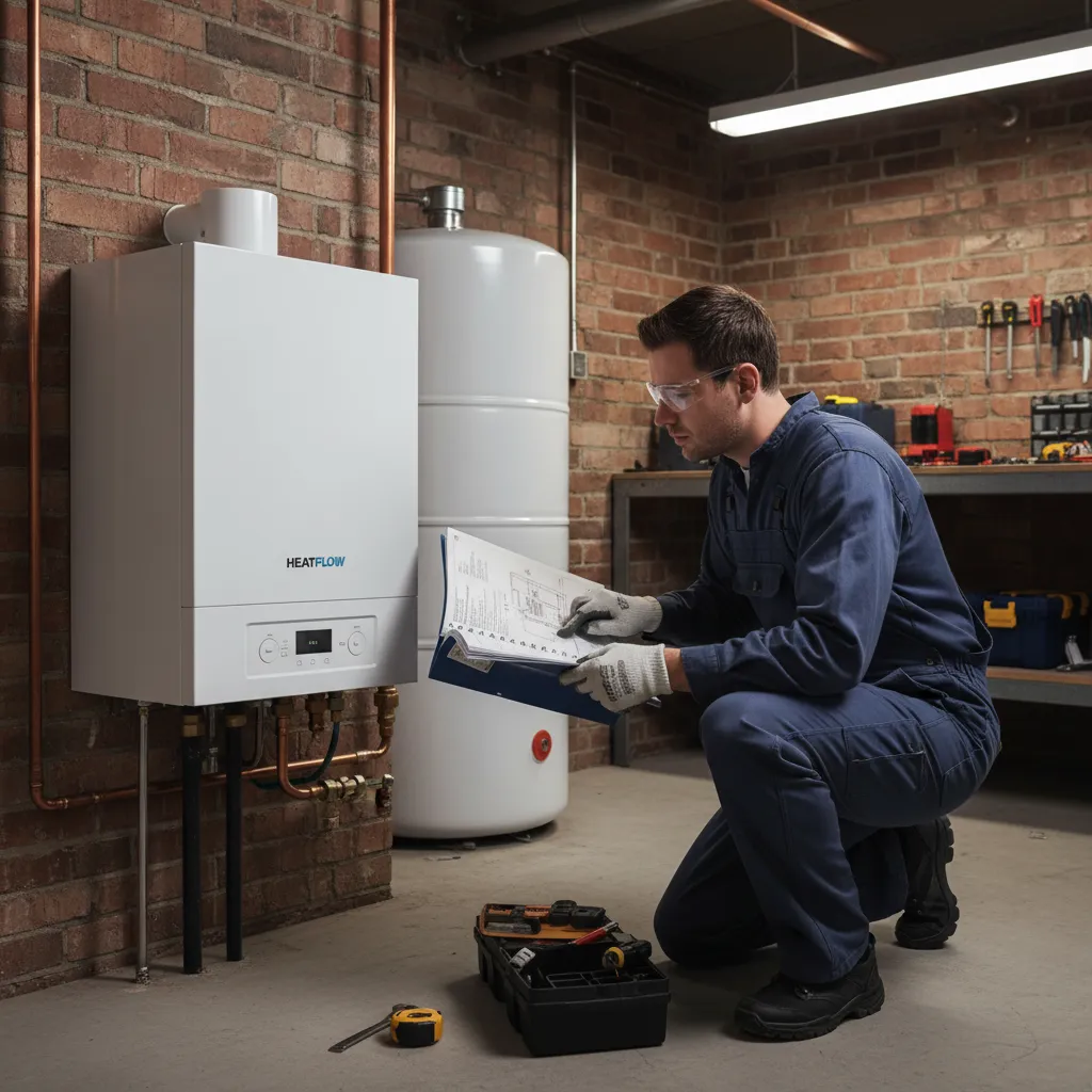 Technician reviewing a new boiler manual during installation