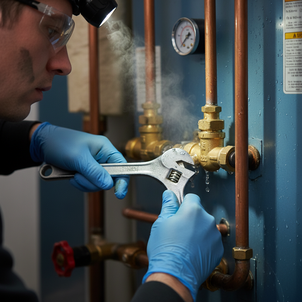 Technician tightening leaking boiler valve