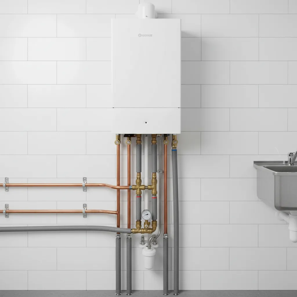 Neatly installed wall boiler with copper pipes