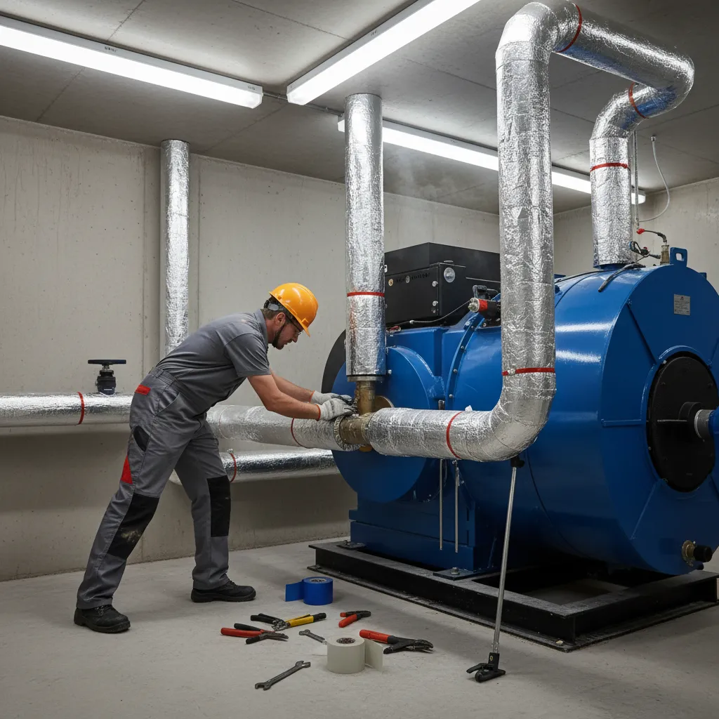 Worker connecting insulated pipes to a new boiler